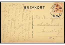 7 øre Chr. X på brevkort (Fredericia, Dansk Købestævne set fra Vandtaarnet) annulleret med gummistempel Dansk Købestævne og sidestemplet Fredericia d. 5.8.1919 til Svendborg. Iflg. meddelelse sendt fra Købestævnet hvor også kongen og dronningen er gæster. I forb. med Købestævnet blev der oprettet et midlertidigt postkontor i dagene 1-11.8.1919 som har benyttet det violette gummistempel. 