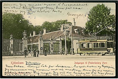 Købh., Indgangen til Frederiksberg Have med sporvogn Tværlinien. Warburgs Kunstforlag no. 52.