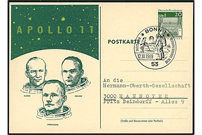 20 pfg. illustreret helsagsbrevkort med de ter Apollo 11 medlemmer annulleret med særstempel i Bonn d. 12.10.1969.
