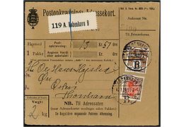 5 øre Bølgelinie og 90 øre Chr. X på postopkrævnings-Adressekort for pakke fra København B. d. 12.11.1924 til Øre på Østerø, Færøerne.