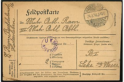 Ufrankeret feltpostbrev stemplet Hadersleben *(Schleswig)1* d. 24.3.1918 til sønderjysk marine artillerist i Lehe am Weser. Violet censurstempel Ü K Hadersleben.
