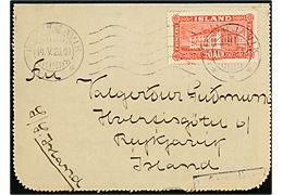 20 aur Landskab på korrespondancekort påskrevet S/S Island og dateret d. 8.5.1926 annulleret Reykjavik d. 14.5.1926 med del af skibsstempel Skipsbrjef til Reykjavik. 