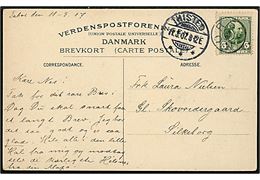 5 øre Chr. IX på brevkort (Hilsen fra Nors) annulleret med stjernestempel NORS og sidestemplet Thisted d. 11.3.1907 til Silkeborg.