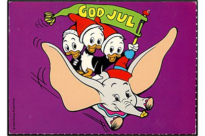 Walt Disney. Julekort med Rip, Rap og Rup, flyvende på Dumbo. Anders And bogklub u/no. 