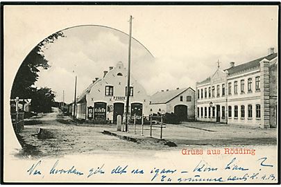 Rødding, Gruss aus med P. Foders forretning. U/no. Frankeret med 5 pfg. Germania Reichpost annulleret med ovalt bureaustempel Woyens - Rödding Bahnpost Zug 17 d. 22.7.1901 til Vojens.