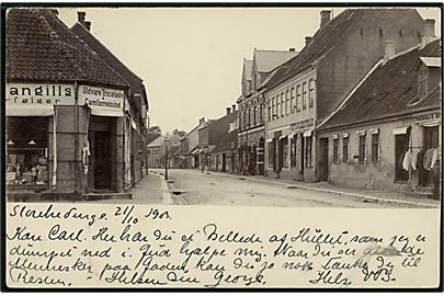 Store Heddinge, gadeparti. Frankeret med 5 øre Våben annulleret med bureaustempel Kjøge - Faxe Lp. T.5 d. 21.10.1903 til Faaborg.