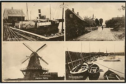 Søby, Ærø. Færgen Ellen med bådhus med navn, Møllen Søby, Gadeparti og Baadehavnen. H. Schmidt u/no. 
