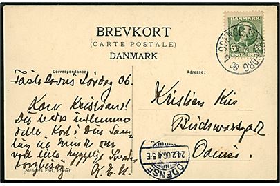 5 øre Chr. IX på brevkort (Chr. IX's ligfærd) fra Svendborg og annulleret med lapidar bureaustempel Odense - Svendborg d. 24.2.1906 til Odense. 
