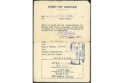 Port of Naples, landgangspas til sømand ombord på J. Lauritzen skibet M/S Lydia Dan i Neapel d. 9.-13.10.1962