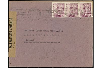 25 cts. Franco i 3-stribe på brev fra Madrid d. 3.9.1943 til Oberentfelden, Schweiz. Åbnet af spansk censur i Madrid.