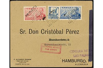 70 cts. Isabel, 25 cts. og 1 pta. Luftpost på luftpostbrev fra Puerto de la Luz stemplet Las Palmas d. 23.4.1939 til Hamburg, Tyskland. Lokal spansk censur fra Las Palmas.