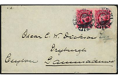 10 öre Oscar II i parstykke på brev fra Stockholm d. 14.5.1902 via Colombo til Dryburgh, Gammadura, Ceylon. På bagsiden ank.stemplet Gammadua d. 3.6.1902. Usædvanlig destination, rift på bagsiden. 