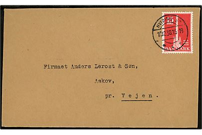 15 øre Stavnsbåndet på brev fra Sindssygehospitalet i Vedsted annulleret brotype IIc Hviding St. d. 10.12.1938 til Askov pr. Vejen.