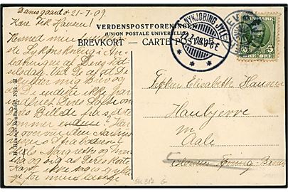 5 øre Fr. VIII på brevkort (Ø. Jølby) annulleret med stjernestempel FJALLERSLEV og sidestemplet Nykjøbing Jyll. d. 22.7.1909 til Aale. 