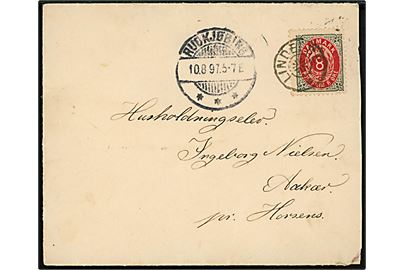 8 øre Tofarvet omv. rm. på brev annulleret med stjernestempel LINDELSE og sidestemplet Rudkjøbing d. 10.8.1897 til Aakær pr. Horsens. 