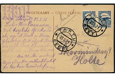 2,50 mk. Tallinn skyline utakket i parstykke på brevkort fra Tartu Eesti d. 23.5.1921 til Holte, Danmark.