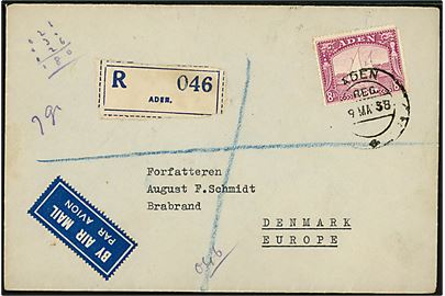8 as. Sejlskib single på anbefalet luftpostbrev fra Aden d. 9.5.1938 til Brabrand, Danmark.