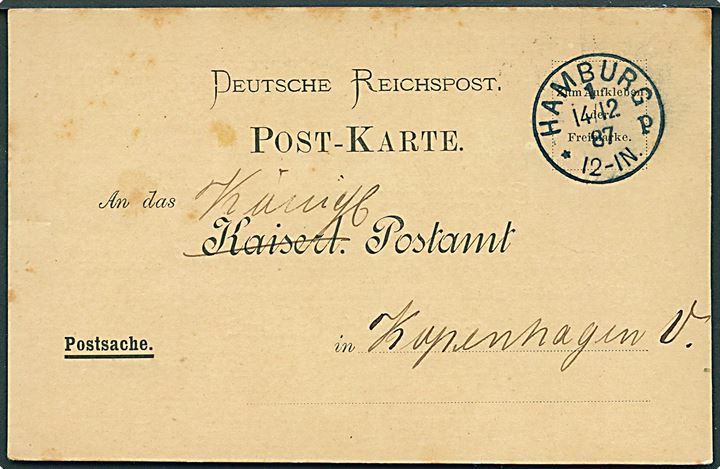 Ufrankeret postsags-brevkort fra Hamburg d. 14.12.1887 til København Postkontor, Danmark. 