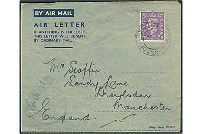 3d George VI på Air Letter stemplet Field Post Office 396 d. 8.3.1944 til Manchester. Svag unit censor. Fuld indhold fra soldat ved Anzio-fronten i Italien med beskrivelse af hans lange rejse gennem Nordafrika. 