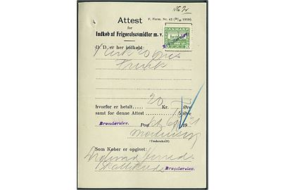 10 øre Genforening annulleret med kontorstempel Brønderslev på Attest for Indkøb af Frigørelsesmidler d. 6.8.1921.