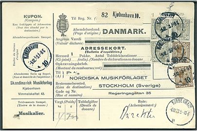 20 øre (2) og 50 øre (3) Chr. X på internationalt adressebrev for pakke fra Kjøbenhavn d. 5.12.1923 til Stockholm, Tyskland.