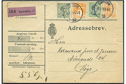 1 øre Bølgelinie, 7 øre, 12 øre og 30 øre Chr. X på 50 øre frankeret adressebrev for værdipakke fra Kjøbenhavn d. 13.1.1919 til Køge.