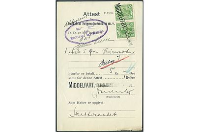 5 øre Chr. X i parstykke annulleret med kontorstempel Middelfart d. 13.1.1921 på Attest for Indkøb af Frigørelsesmidler M.V.