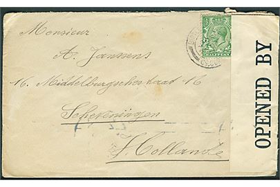 ½d og 1d George V på brev fra Birtley d. 25.10.1916 til Scheveningen, Holland. Åbnet af britisk censur. Sendt fra den belgiske flygtninge by Birtley i Co. Durham.