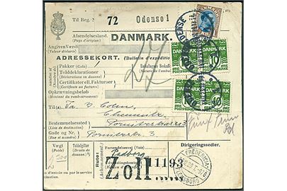 10 øre Bølgelinie i 2 parstykker og 1 kr. Chr. X på internationalt adressekort for pakke fra Odense d. 18.12.1929 via bureau Fredericia - Flensborg T.970 til Chemnitz, Tyskland.