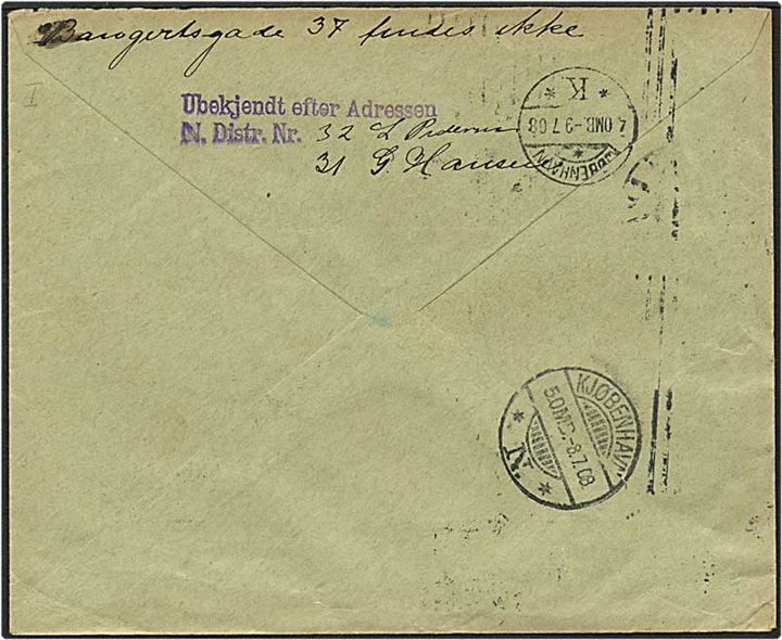 5 øre grøn Fr. VIII på lokalt brev fra København d. 8.7.1908. Brevet returneret. Ubekendt efter adresse.