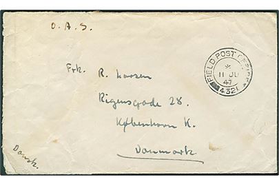 Ufrankeret O.A.S. feltpostbrev stemplet Field Post Office 432 (= Hamburg) d. 11.6.1947 til København. Fra dansk postcensor ved 2. District Censorship Station i Hamburg.