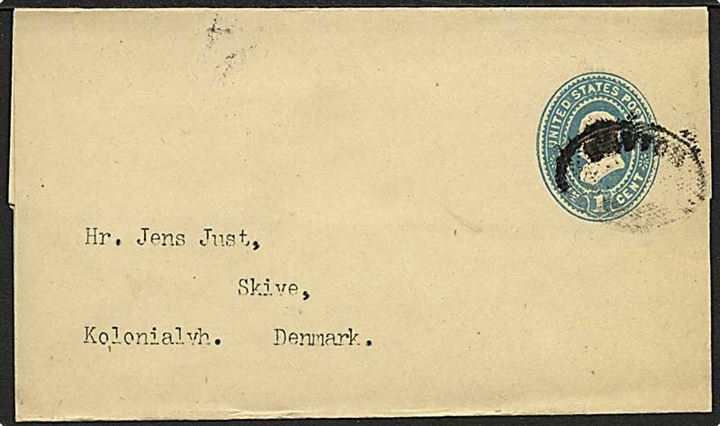 1 cent helsagskorsbånd annulleret med ovalt stempel til Skive, Danmark. Ank.stemplet Skive d. x1.1.1898.