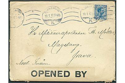 20 øre Chr. X på brev fra Kjøbenhavn d. 10.1.1917 til Magelang, Java, Hollandsk Ostindien. Åbnet af britisk censur no. 589. Til dansk militærapoteker Th. Møller i hollandsk kolonitjeneste.