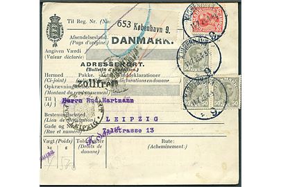 25 øre og 50 øre (3) Chr. X på 175 øre frankeret internationalt adressekort for pakke fra Kjøbenhavn 9 d. 11.7.1925 til Leipzig, Tyskland.