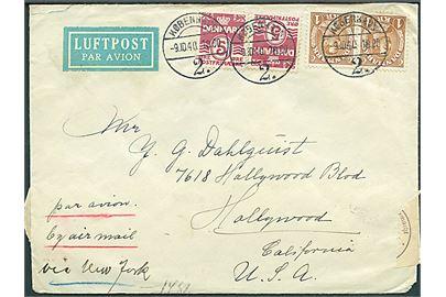 5 øre (2) Bølgelinie og 1 kr. Chr. X (par) på 210 øre frankeret luftpostbrev fra København d. 9.10.1940 til Hollywood, USA. Påskrevet: by air mail via New York. Åbnet af tysk censur. Skade på bagklap.