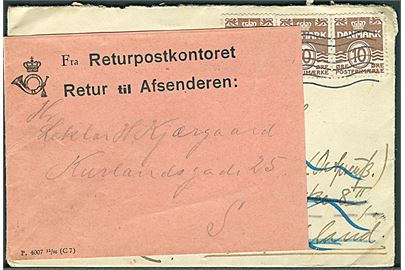 10 øre Bølgelinie (3) på brev fra København d. 21.12.1938 til Königsberg, Ostpreussen, Tyskland. Retur med 2-sproget etiket Abgereist. I Danmark forespurgt via Returpostkontoret med vignet F.4007 11/36 (C7