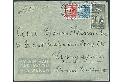 15 øre, 30 øre Karaval og 50 øre Luftpost på 95 øre frankeret luftpostbrev stemplet København Luftpost sn3 d. 27.4.1938 til Singapore, Straits Settlements.