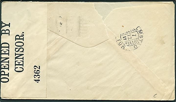 5 cents Washington på brev fra New York d. 22.10.1917 til Halmstad, Sverige. Åbnet af britisk censur no. 4362.