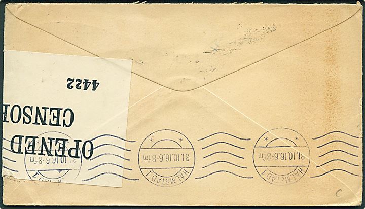 5 cents Washington på brev fra Chicago d. 30.9.1916 til Halmstad, Sverige. Åbnet af britisk censur no. 4422.