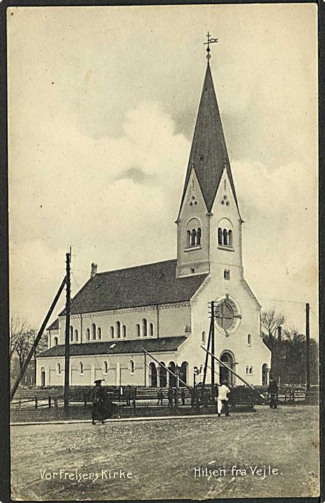 Vor Frelsers Kirke i Vejle. C. Hansen no. 4607. Kortet har været opklæbet.