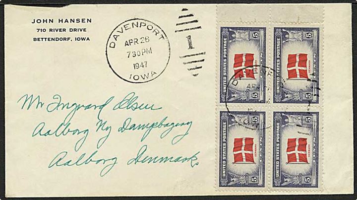 5 c. Denmark udg. i fireblok på brev fra Davenport Iowa d. 28.4.1947 til Aalborg, Danmark.