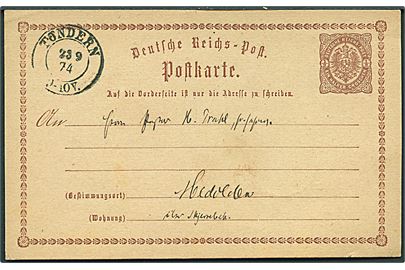 ½ gr. helsagsbrevkort annulleret med 2-ringsstempel Tondern d. 23.9.1874 til Medolden pr. Scherrebeck.