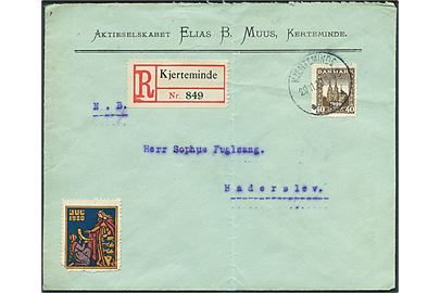 40 øre Genforening single på anbefalet brev fra Kjerteminde d. 29.11.1920 til Haderslev. Påsat Julemærke 1920 (defekt). Fold.