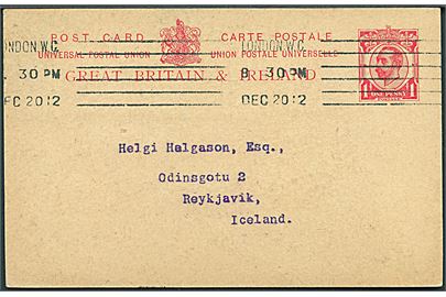 1d George V helsagsbrevkort fra London d. 20.12.1912 til Reykjavik, Island.