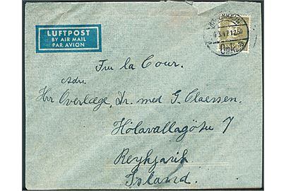 45 øre Chr. X single på luftpostbrev fra København d. 4.3.1947 til Reykjavik, Island.