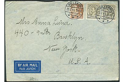 25 øre Karavel og 1 kr. Chr. X (2) på 125 øre frankeret luftpostbrev fra Hillerød d. 25.2.1941 til Brooklyn, USA. Åbnet af tysk censur i Frankfurt.