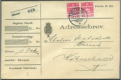 10 øre Bølgelinie i parstykke på adressebrev fra Hillerød d. 2.1.1913 til København.