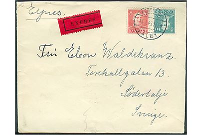 20 øre og 60 øre Chr. X på ekspresbrev fra København Valby d. 11.1.1945 til Södertälje, Sverige. Åbnet af tysk censur i Sønderborg med fortrykt Januar-banderole Zensurstelle k.