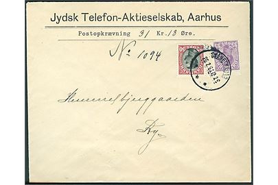 15 øre og 50 øre Chr. X på brev fra Jydsk Telefon-Aktieselskab sendt med postopkrævning fra Skanderborg d. 25.2.1921 til Himmelbjerggaarden, Ry.