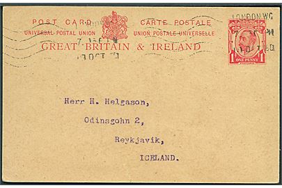 1d George V helsagsbrevkort fra London d. 19.10.1915 til Reykjavik, Island. Uden censur. Rift.